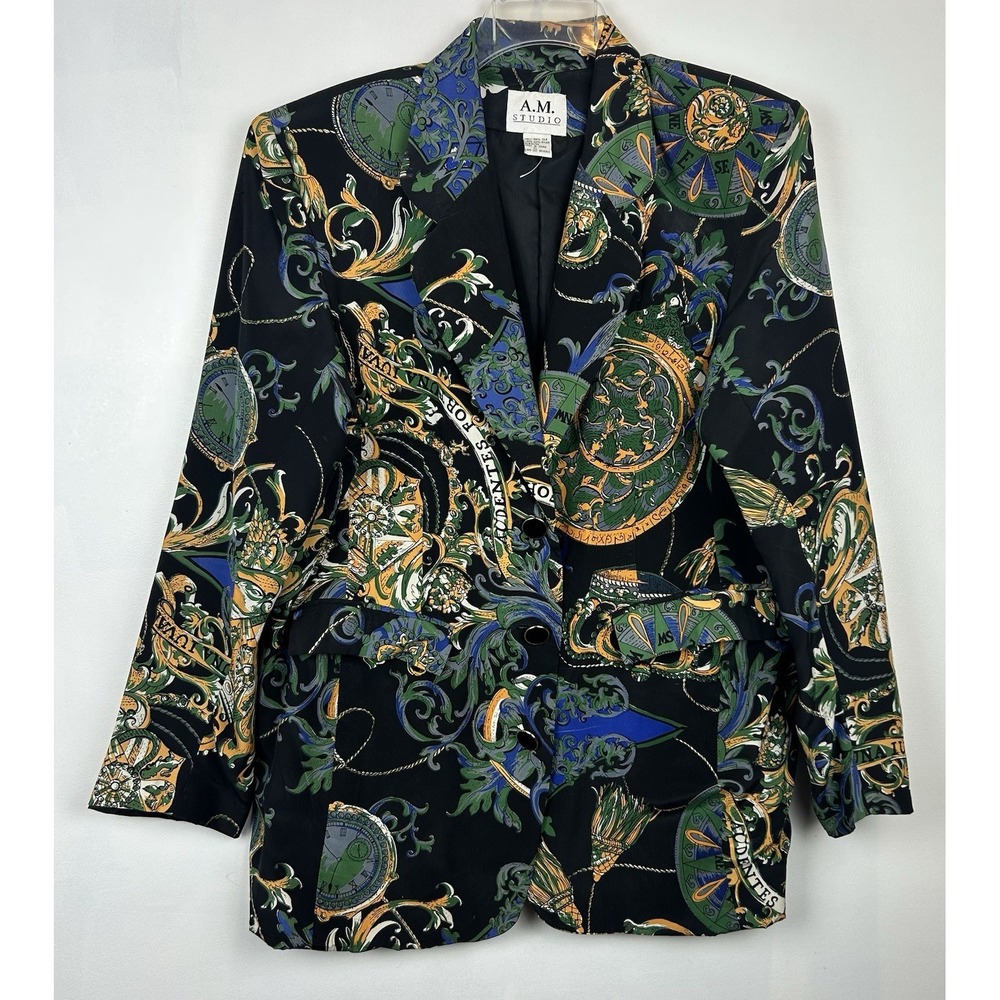Vintage 80s Silk Blazer Womens 10 Novelty Art to Wear Print Jacket Old Money Lux